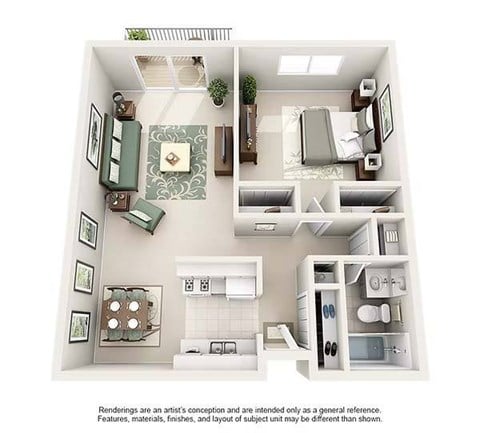 Floor plan for 1 bed, 1 bath, 689 sqft